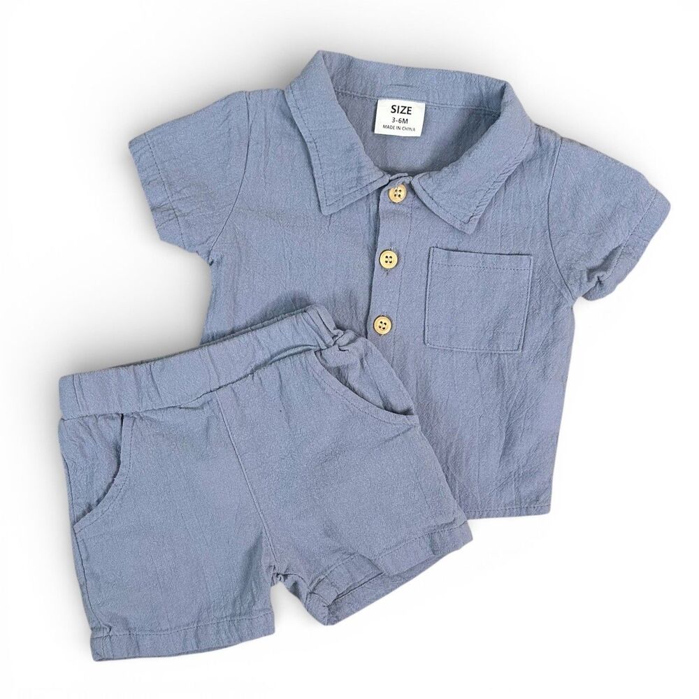 Baby Boy Muslin Cotton 2 Piece Set Shirt and Shorts Dusty Blue Size 3-6 Months